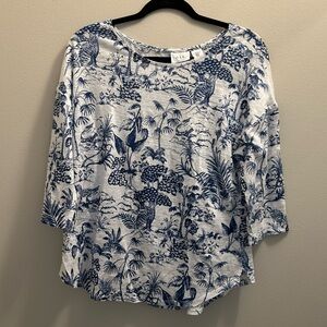 Blue & White Printed Linen Boatneck Top, XL, Nicole Miller, 3/4 Sleeve